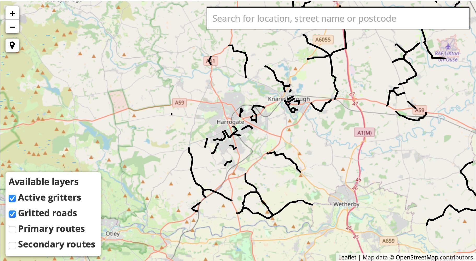 The online gritter map showing the roads treated in Harrogate in the previous 10 hours.