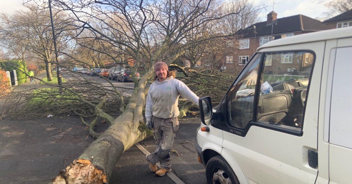 Jason Kirk next to his van on Woodfield Drive, Bilton.