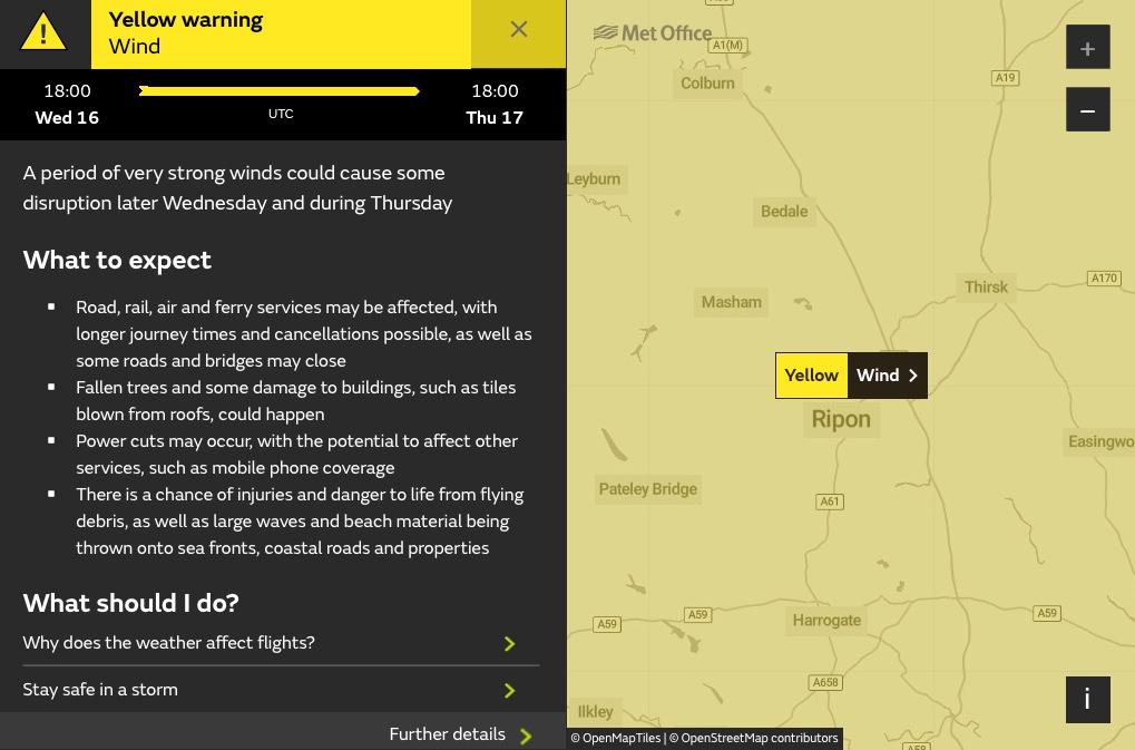 The yellow weather warning issued for the Harrogate district from Wednesday.