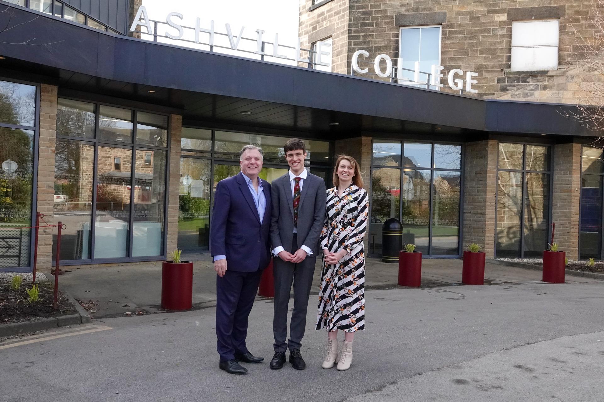 Thomas Grattoni-May, former Shadow Chancellor Ed Balls and Leanne Norton, Ashville’s Head of Sixth Form at Ashville College