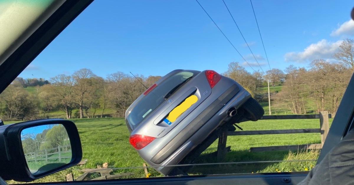 The car crashed into the fence on the B6165 outside Ripley.