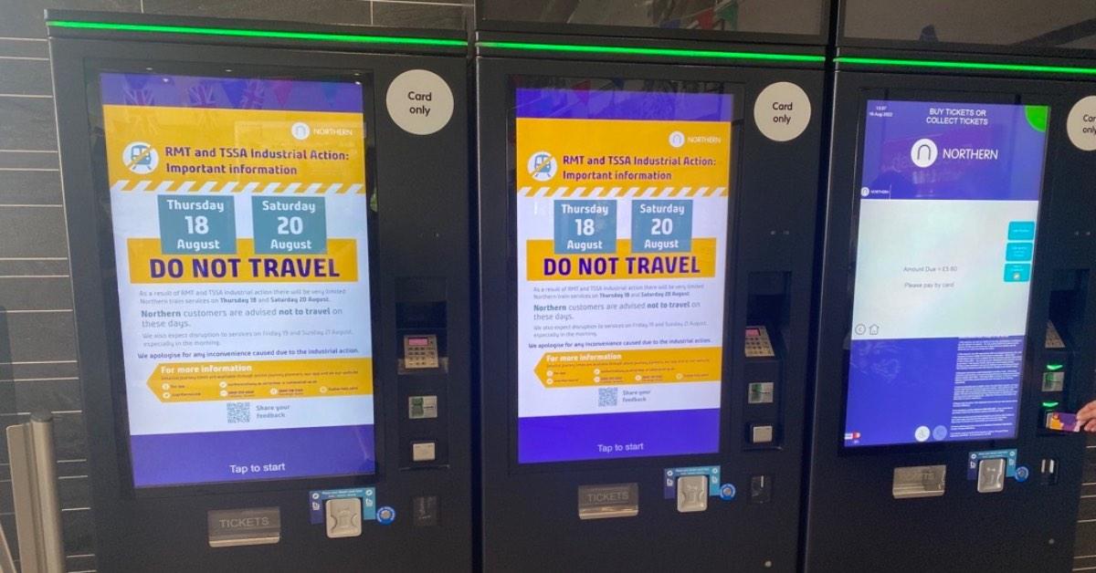 Ticket machines at Harrogate Train Station advising people not to travel on strike days.