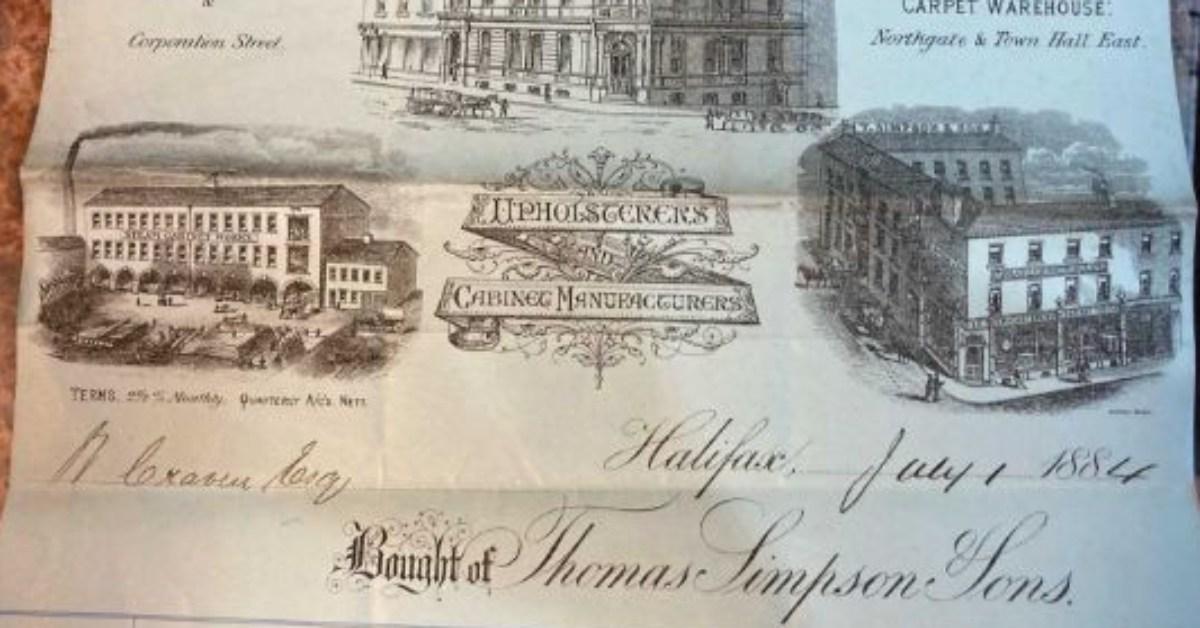 A T Simpson &amp; Son invoice header from 1884, showing the company's various premises.
