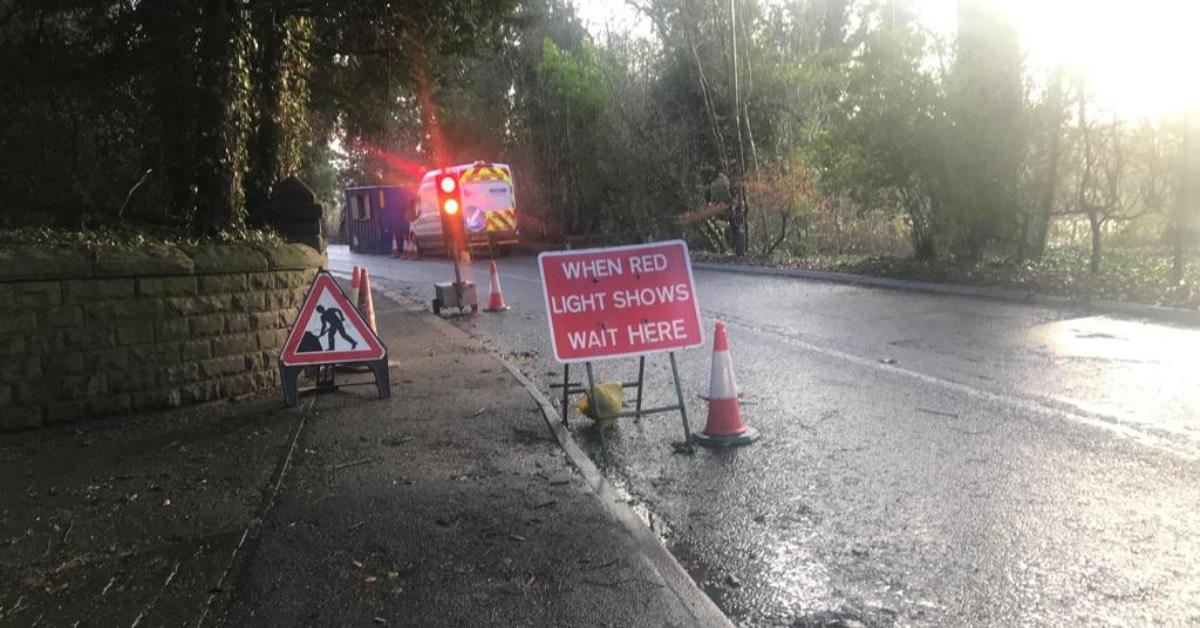 Temporary lights on Sharow Lane as Yorkshire Water repairs sewage pipe.