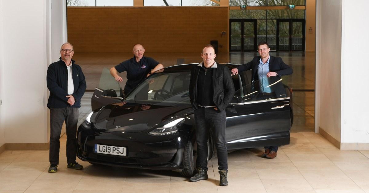 Fully Charged at the Yorkshire Event Centre: (l to r) presenter Robert Llewellyn, YEC venue manager Richard Moorhouse, Dan Caesar and YEC sales manager Ben Chatburn.