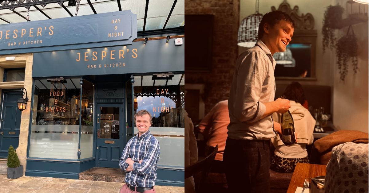 Pictures of Jesper Callisen, outside his restaurant and serving wine at a tasting session.