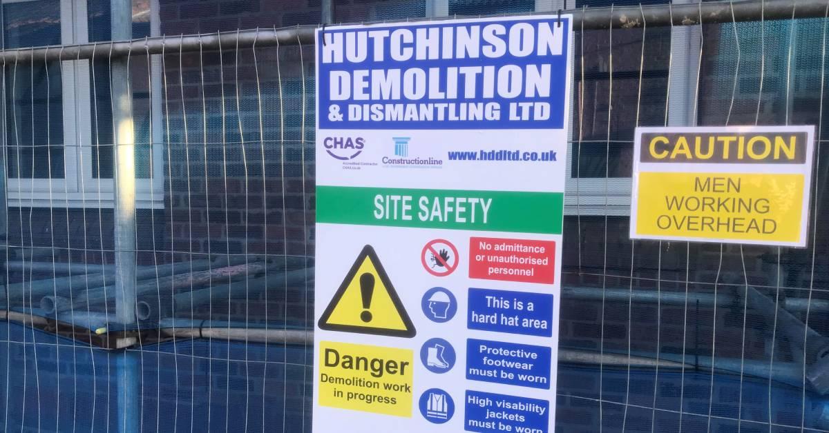 Site warning signs at Bedern Court