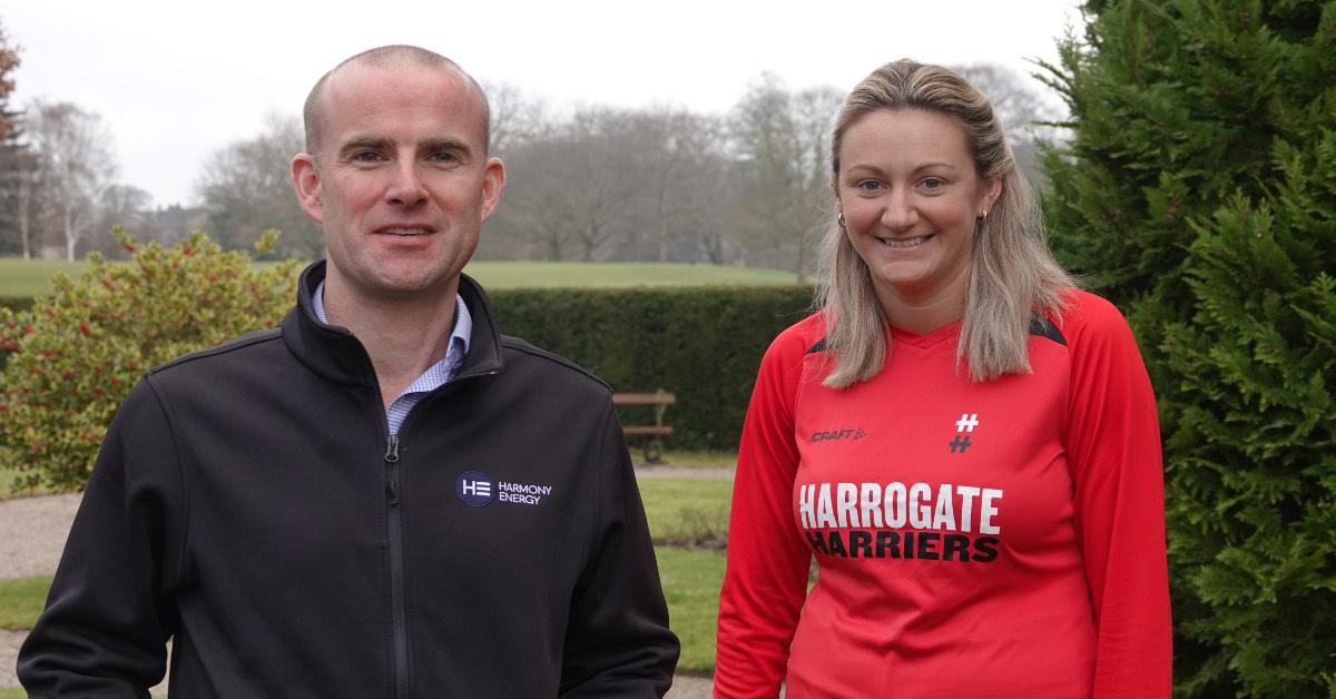 Peter Kavanagh, Harmony Energy CEO, and Rachel Gregson, Harrogate Harriers’ communications officer.