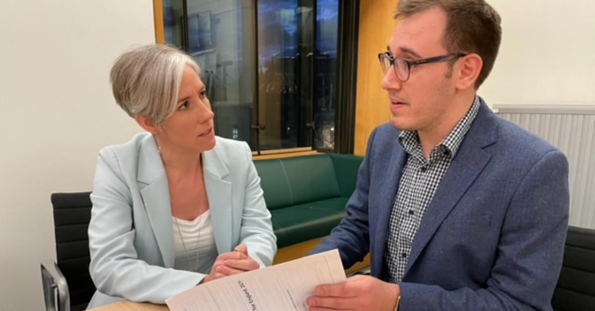 Daisy Cooper, deputy leader of the Liberal Democrats, discussing healthcare issues with Tom Gordon, the party's parliamentary candidate for Harrogate and Knaresborough.