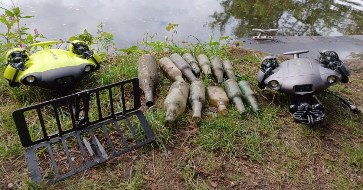 Photo of one of Adam Makewell's underwater drones with some of the bottles he's removed from the riverbed in Ripon.