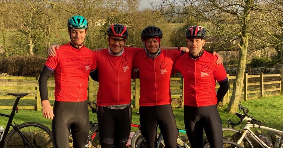 Photo of charity cycle challenge rider James Badger and his three friends, who plan to cycle the length of the country in aid of Blood Cancer UK.