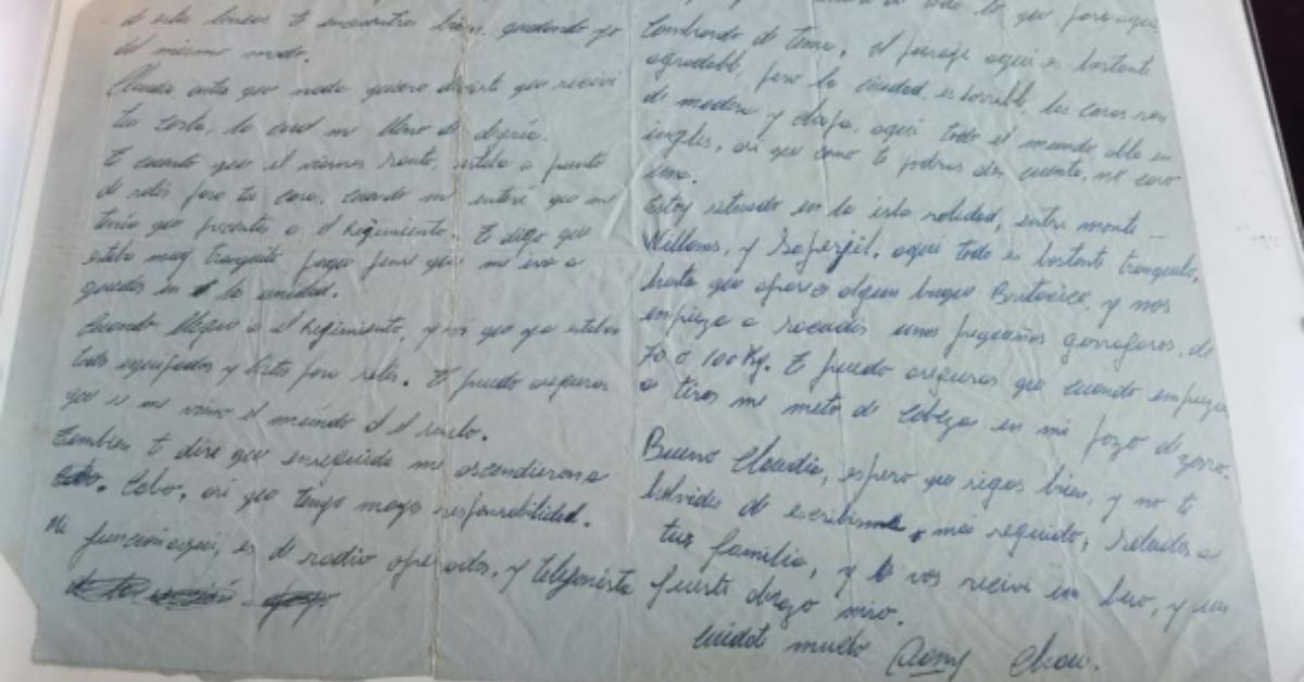 A photo of a letter written by an Argentinian soldier called Corporal Balbuena to his wife or girlfriend during the Falklands War of 1982. The letter was found in Port Stanley by Royal Engineer Jim Phillips, who 40 years later has handed it to the Argentinian Ambassador to the UK, Javier Figueroa, in the hopes of finding its original owner.