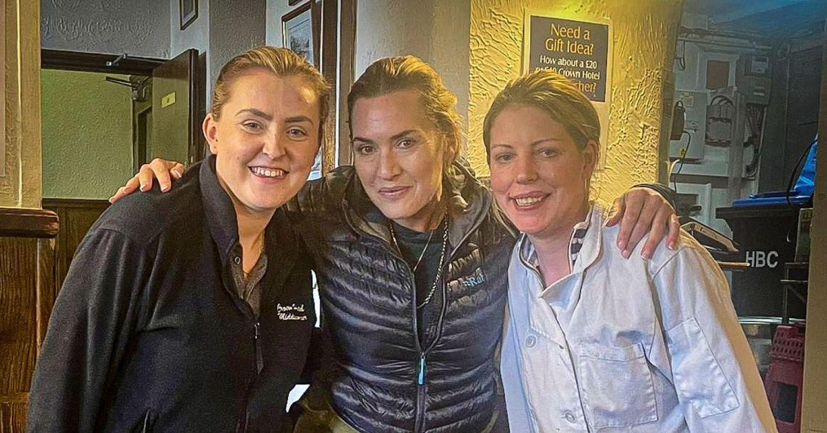 Kate Winslet, centre, with Megan Dunn and Angela Snow at the Crown in Middlesmoor