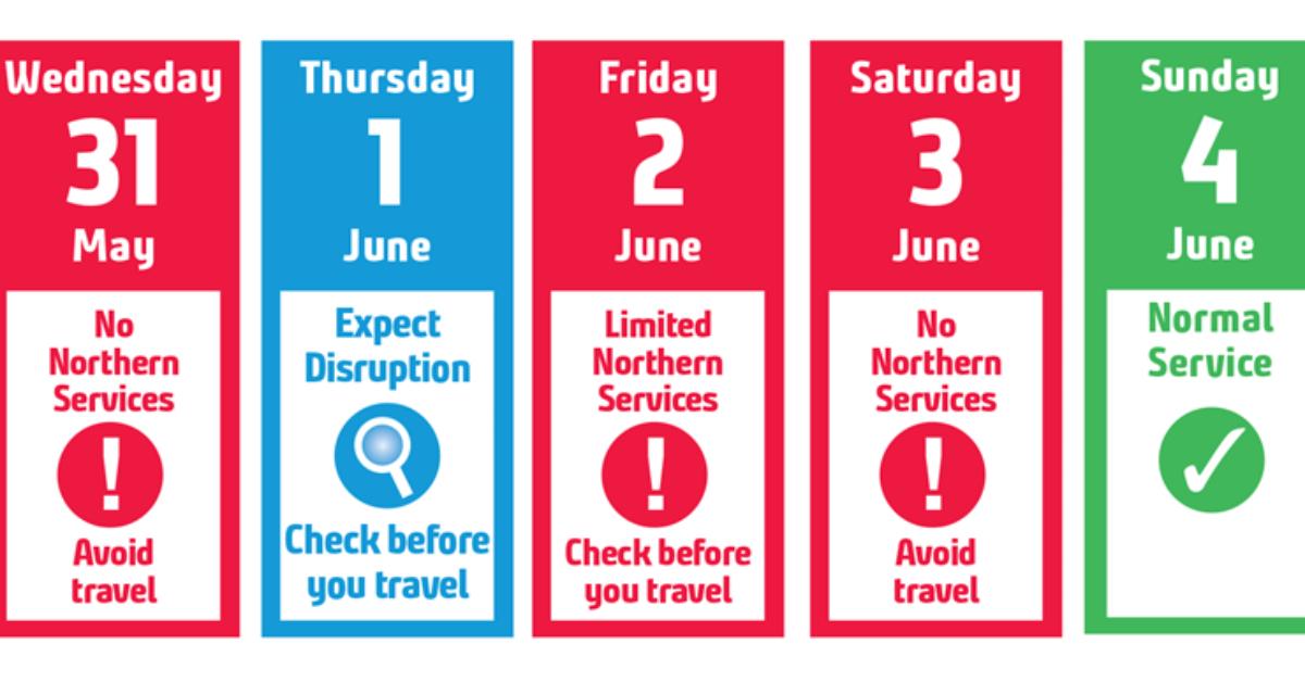 Graphic showing which days over the half-term holiday will be hit by RMT and ASLEF rail strikes.