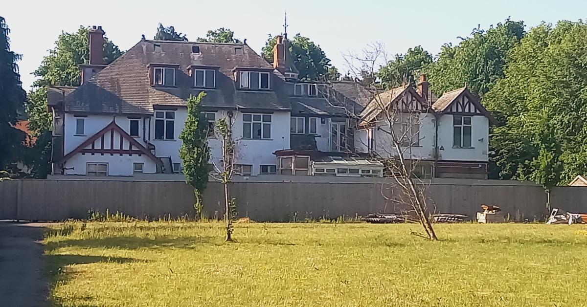 Photo taken from the rear of Pineheath, the derelict mansion on Cornwall Road in Harrogate that is currently up for sale. The Rutland Drive building plot is shown in the foreground.