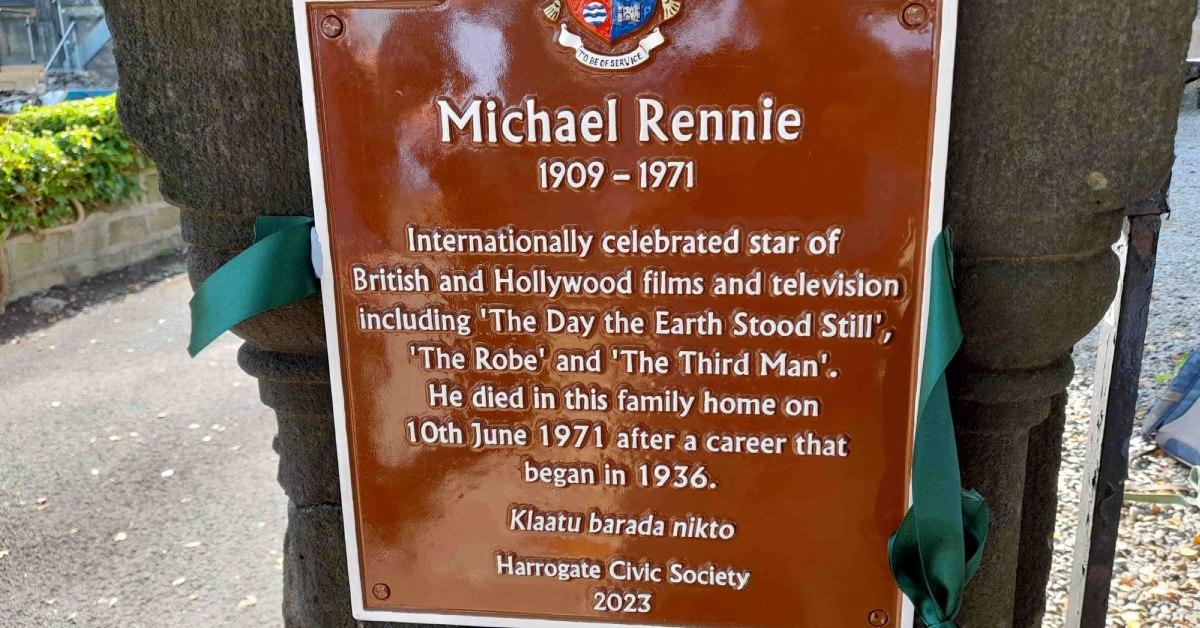 Photo of the brown Harrogate Civic Society plaque unveiled in memory of Hollwood actor Michael Rennie.