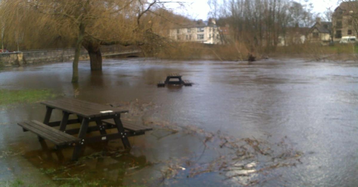 Photo of flooding at the picnic area between the River Ure and the canal in Boroughbridge.