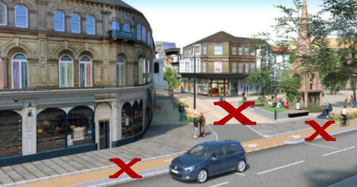 A computer visualisation of part of the Harrogate Station Gateway scheme, with large red x's over elements that have been scrapped.