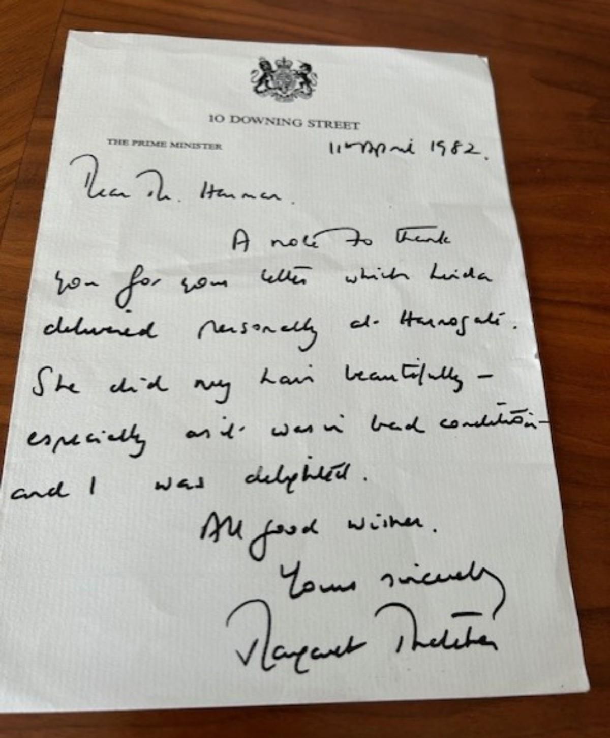 Photo of a letter sent to Peter Harman by Margaret Thatcher to thank him for Peter Gotthard's services when she was in Harrogate.