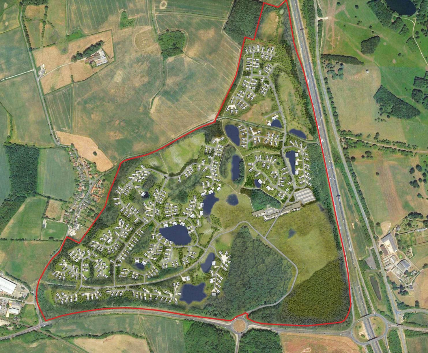 An aerial computer generated image of the proposal. The A1 (M) is to the east and the A59 is to the south.