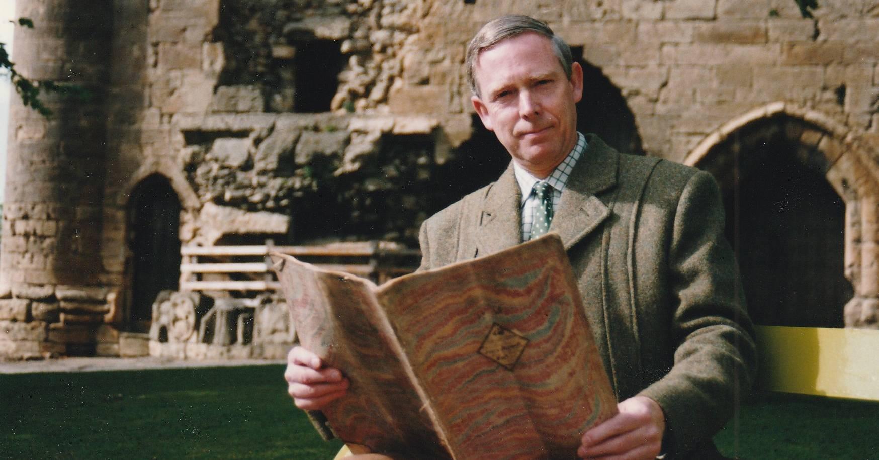 1995-macolm-at-knaresborough-castle-with-his-discovery-of-duchy-records-13th-may-1995