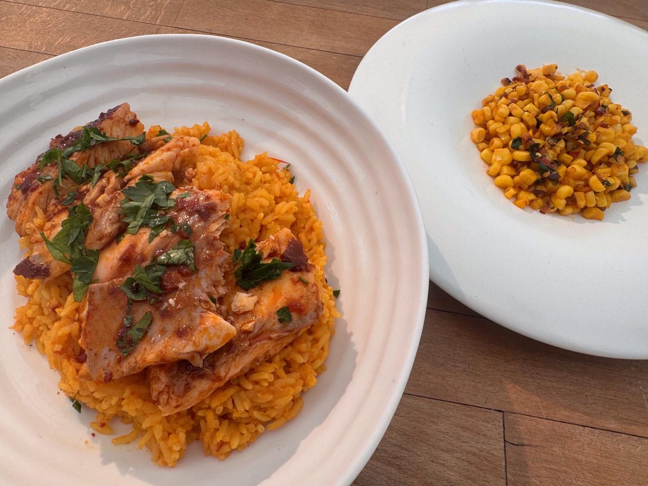 brown-butter-harissa-trout-coconut-rice-and-sweetcorn-2nd-dish-at-the-game-theatre