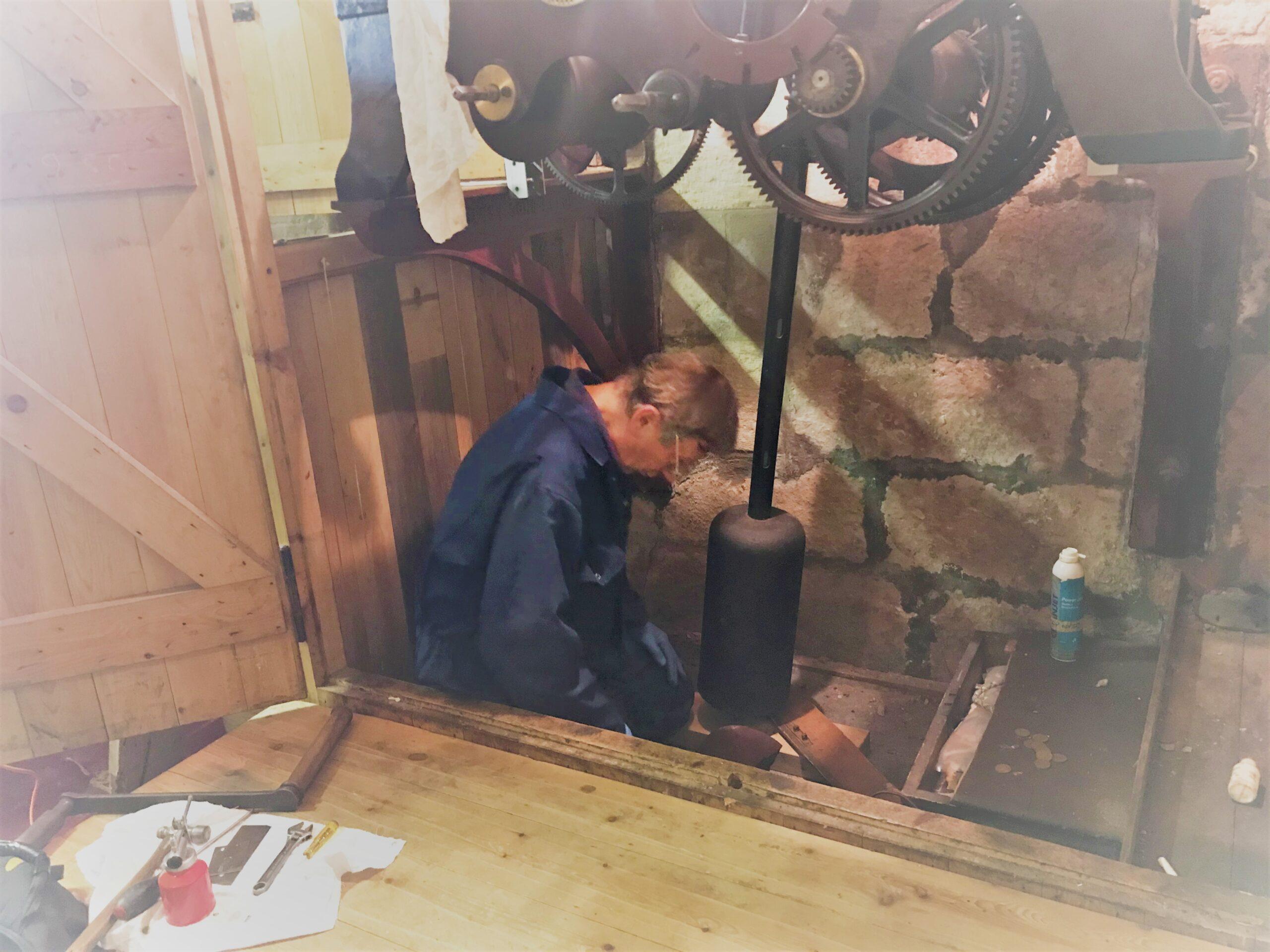 kirkby-malzeard-10th-september-2020-kevin-ireland-fixing-church-clock
