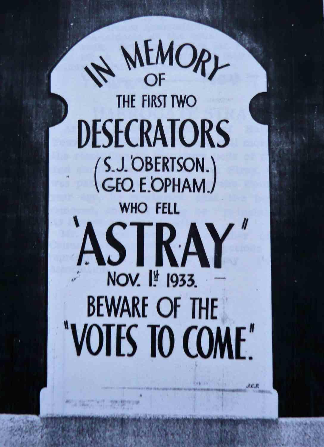 1930s-mock-tombstone-for-beaten-councillors-over-flowerbeds