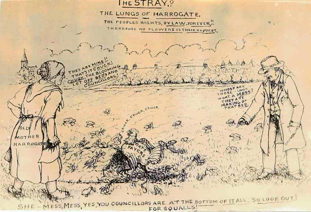 cartoon-of-old-mother-harrogate-and-councillors-at-stray-flower-beds-1934_