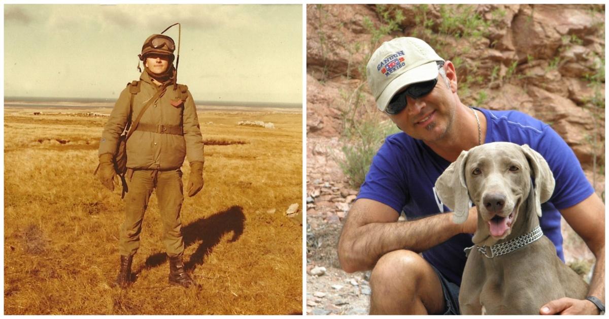 Composite image of two photos, one showing Corporal Danny Balbuena in military uniform standing on Sapper Hill in the Falkland Islands in 1982, the other showing Danny today, with his dog.