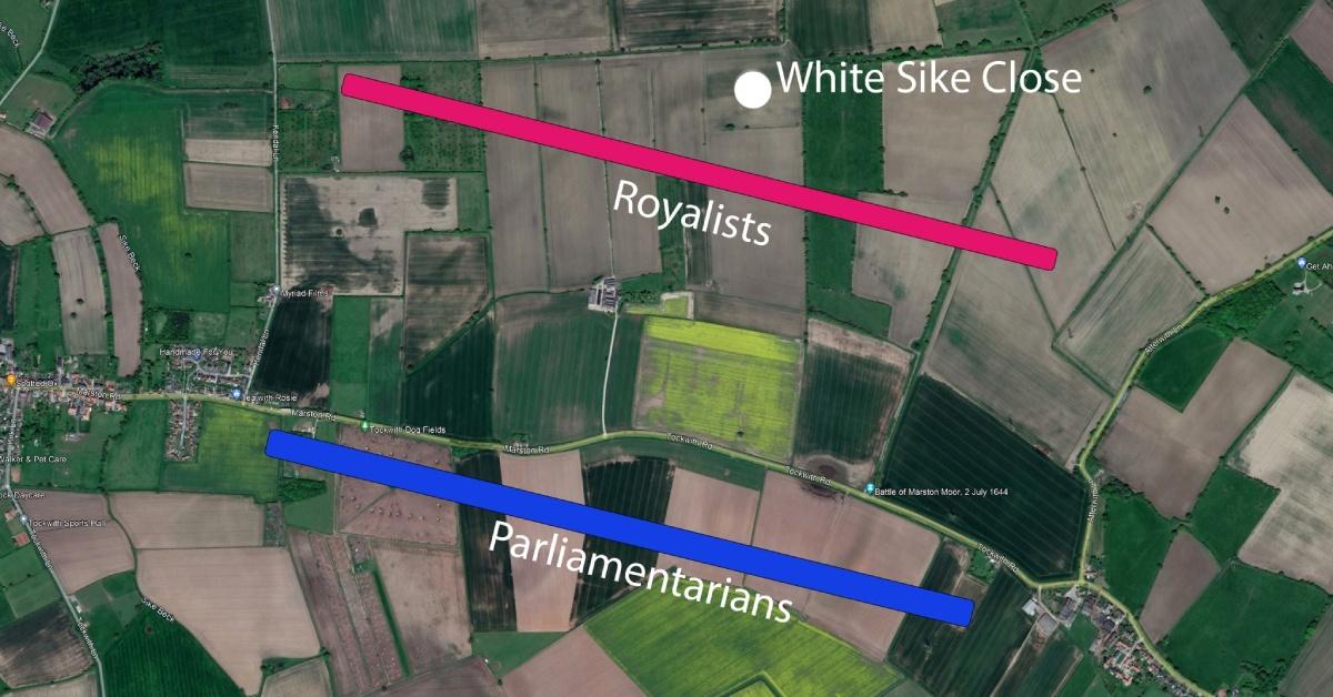 Satellite map with battle lines overlaid showing the disposition of forces at the Battle of Marston Moor in 1644.