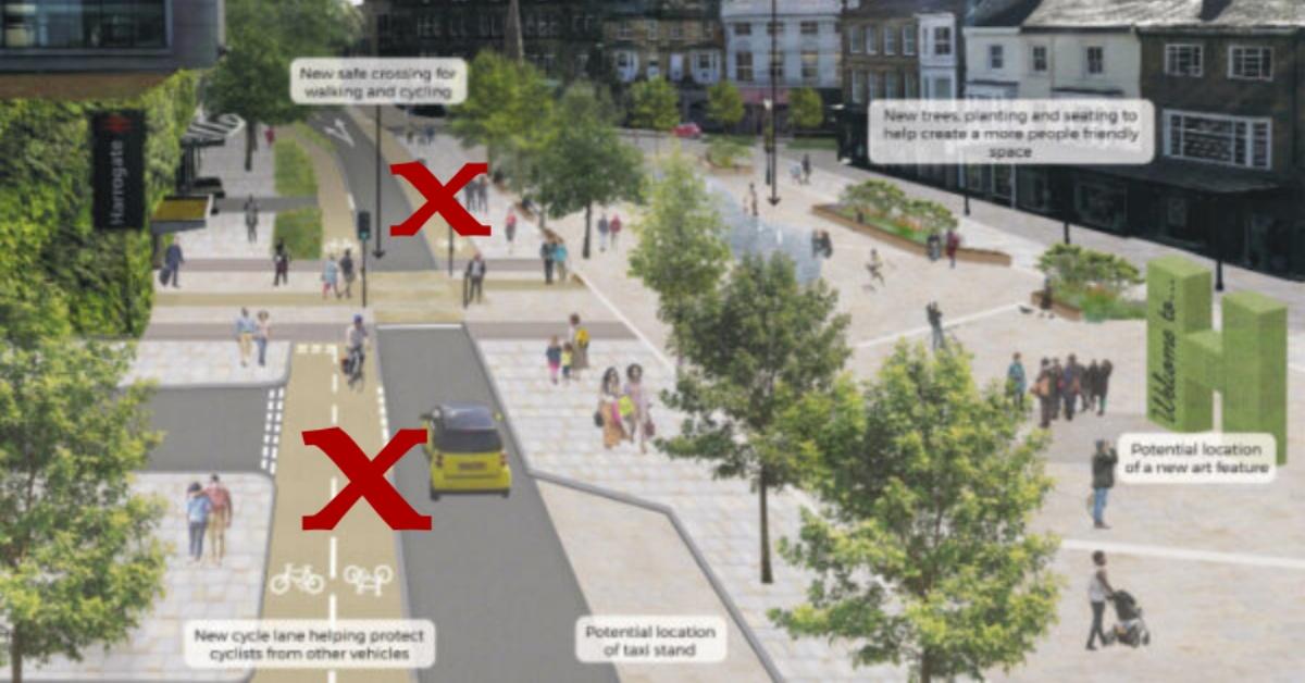 A computer visualisation of part of the Harrogate Station Gateway scheme, with large red x's over elements that have been scrapped.