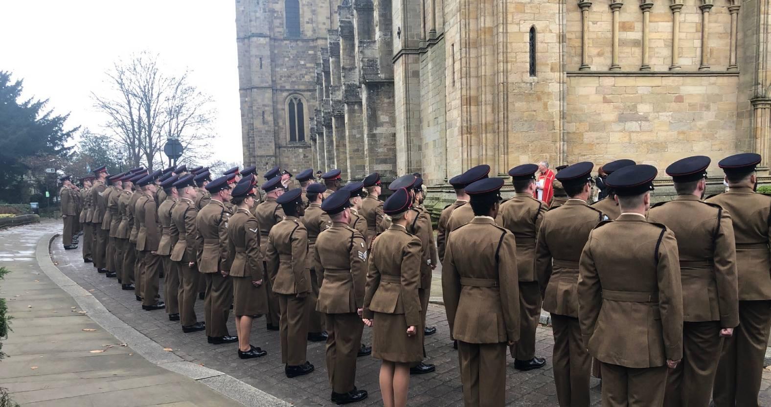 ripon-10th-november-2024-royal-engineers-wait-outside-cathedral-for-remembrance-event