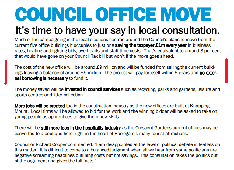 Screen shot of Conservative leaflet about the new civic centre costs