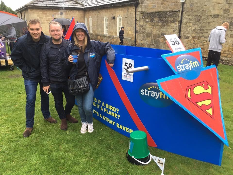 Will Smith, Nick Hancock and Sarah Barry of Stray FM at Knaresborough Bed Race in 2017