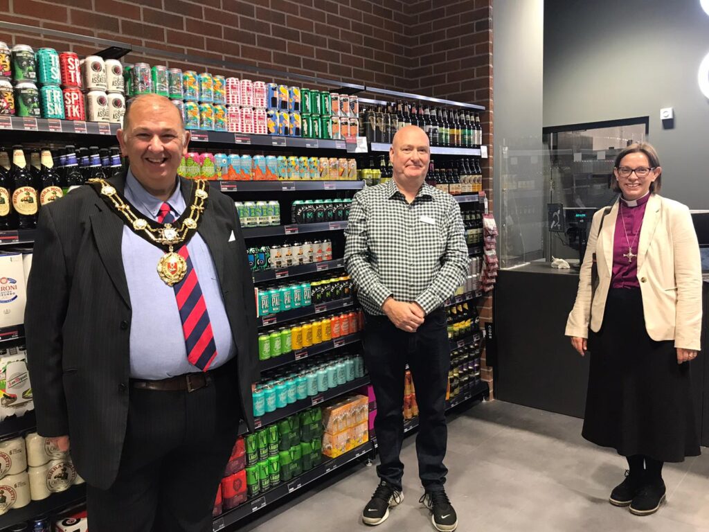 The Mayor of Ripon and the Bishop of Ripon with M&S Food manager Paul Nicholl