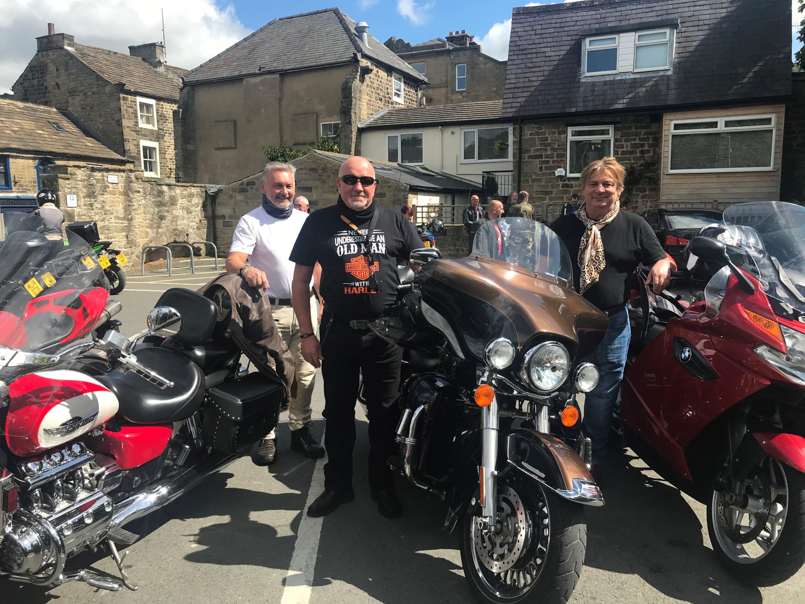 Photograph of three motorcyclists in Pateley Bridge