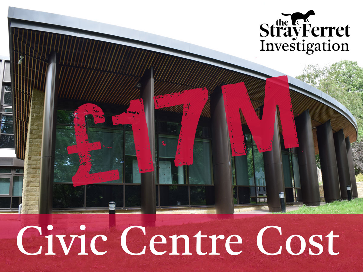 Harrogate Borough Council's civic centre with a stamp of £17m over the top, representing the true cost