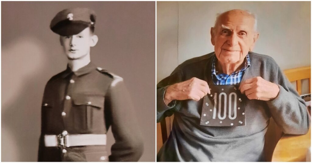 Ron Golightly aged 17 in uniform and on his 100th birthday.