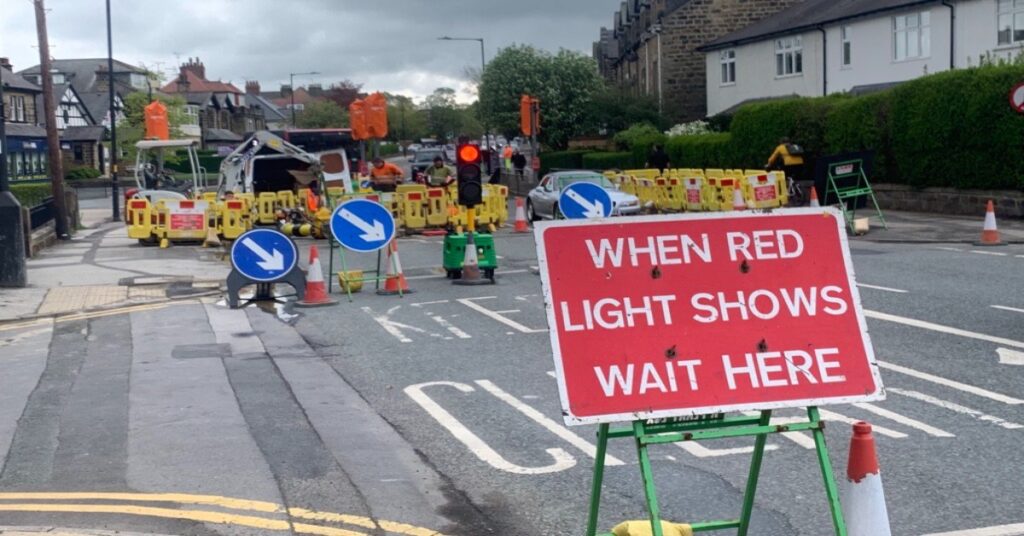 Temporary traffic lights on Skipton Road, Harrogate.