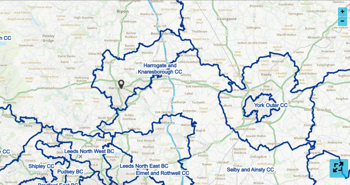 How the current constituency boundaries look in Harrogate and Knaresborough.