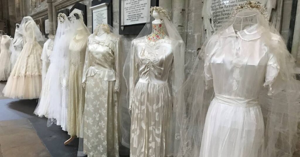 Photo of wedding gowns at the Ripon Cathedral exhibition