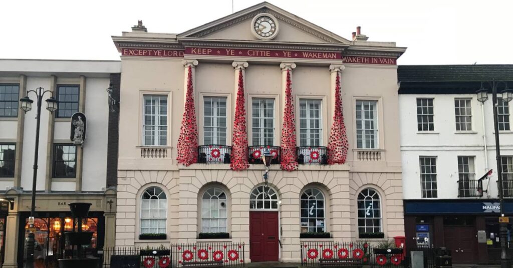 Photo of Ripon Town Hall decked in poppies