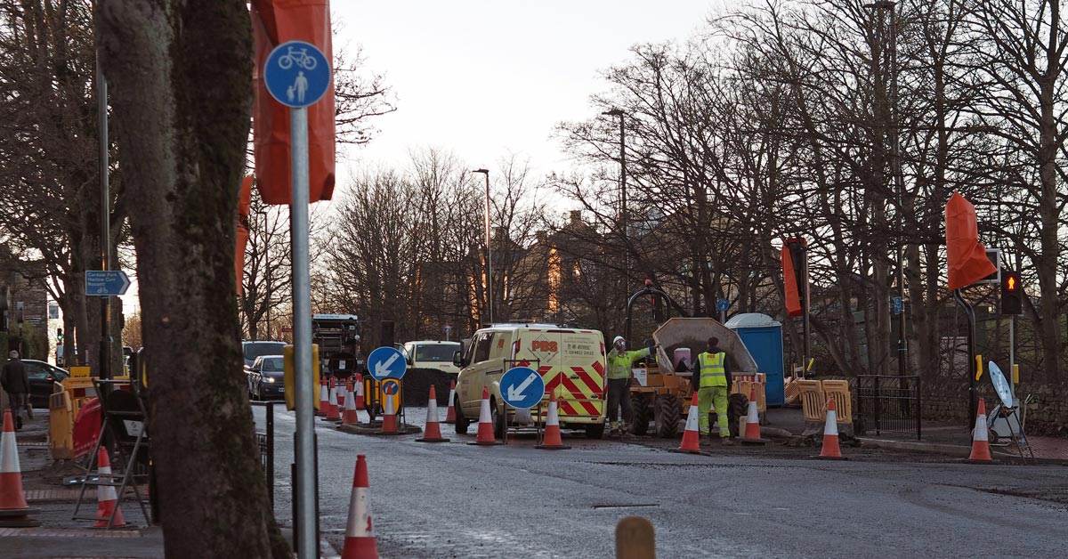 Otley Road cycle lane construction in December 2021.
