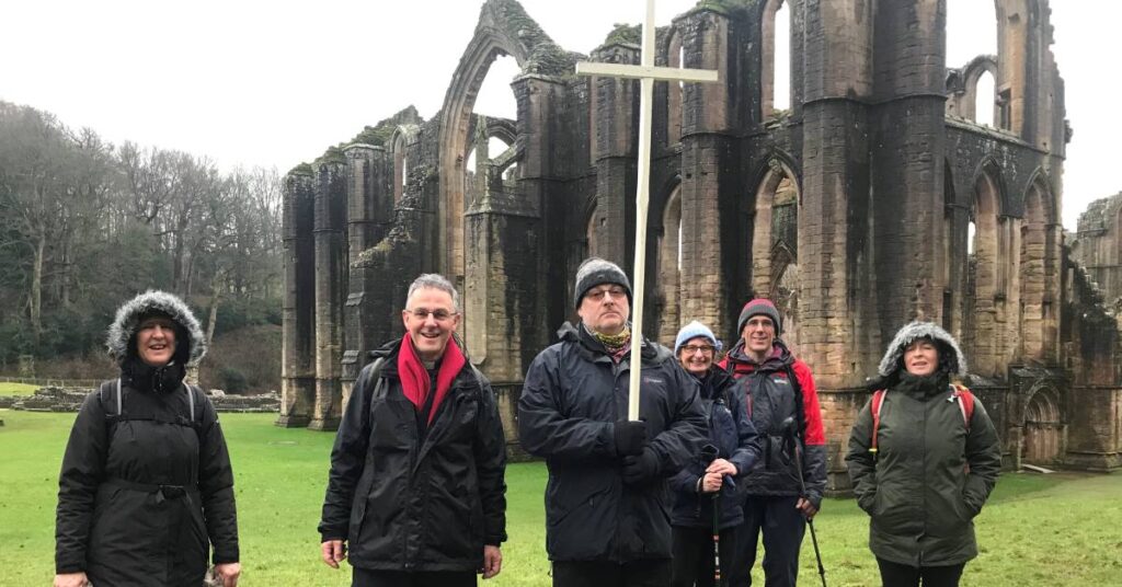 Photo of pilgrims arriving at Fountains Abbey