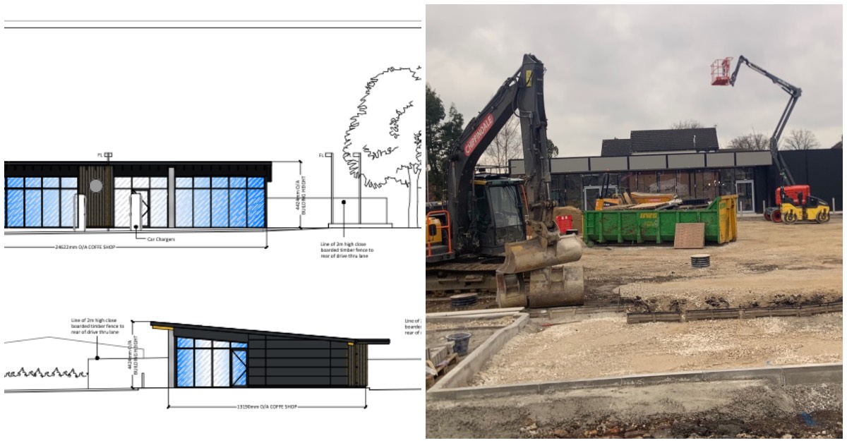 (Left) Designs for the Starbucks as submitted to Harrogate Borough Council and (right) the construction site of the Leon.