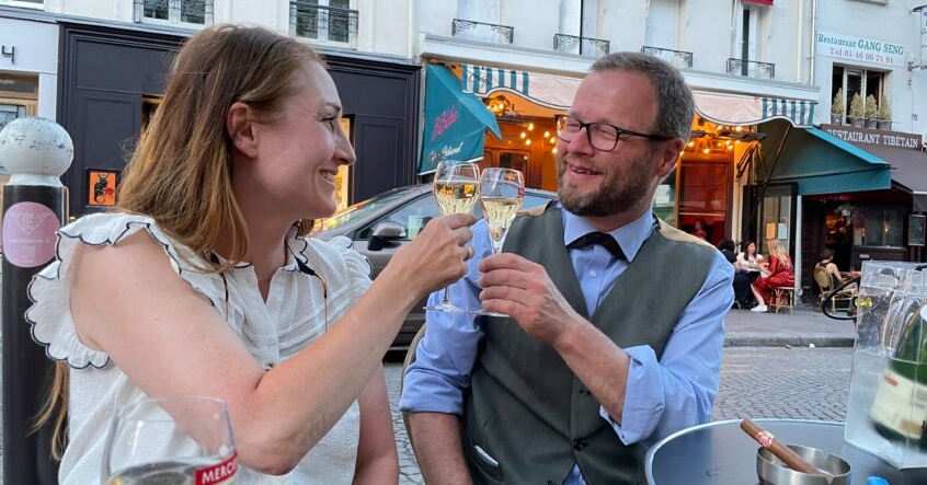 Tracey Hill and Andy Dennis celebrate their engagement in Paris