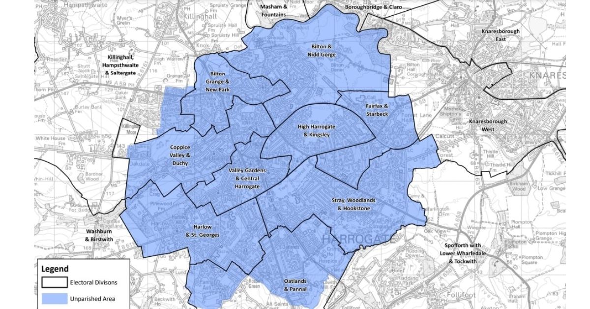The areas in Harrogate which would fall under the new town council.