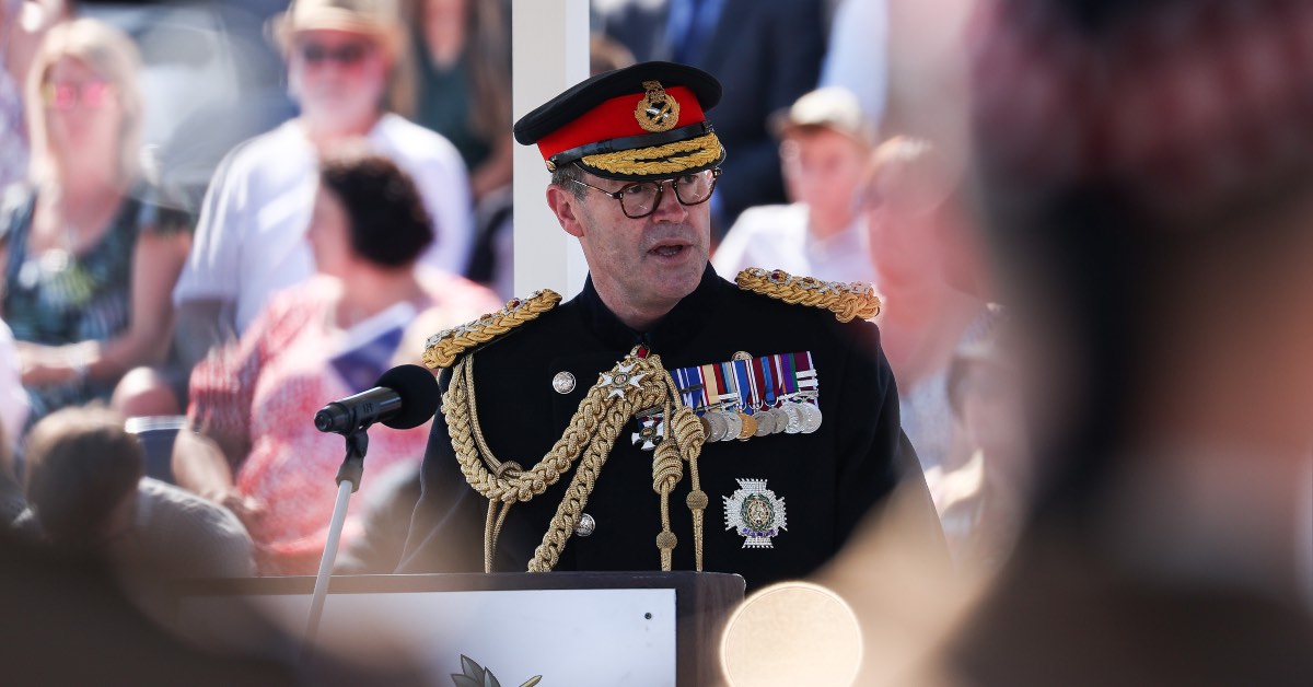 The Chief of the General Staff, General Sir Patrick Sanders, KCB, CBE, DSO, ADC Gen makes a speech during the graduation parade at Army Foundation College Harrogate. 
