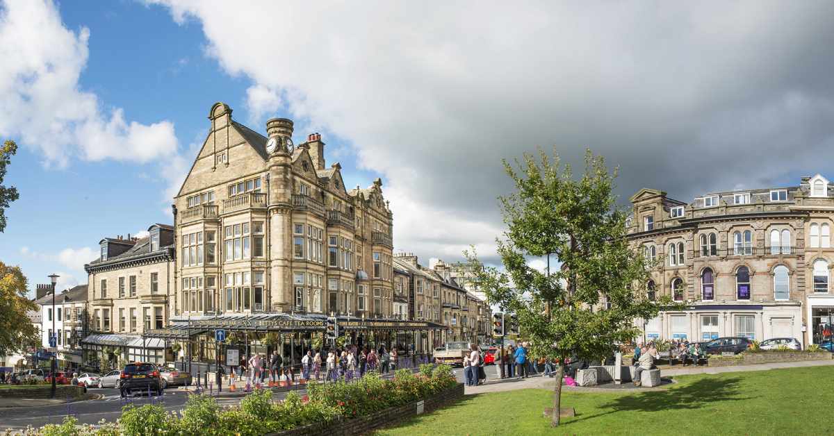 Photo of Harrogate town centre, showing Bettys and Cambridge Crescent.